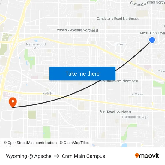 Wyoming @ Apache to Cnm Main Campus map