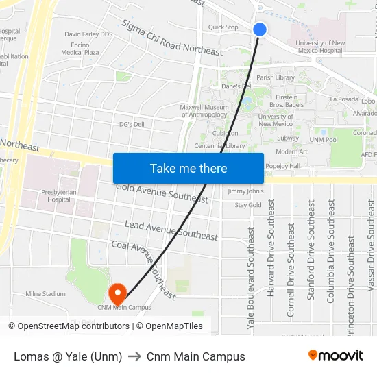 Lomas @ Yale (Unm) to Cnm Main Campus map
