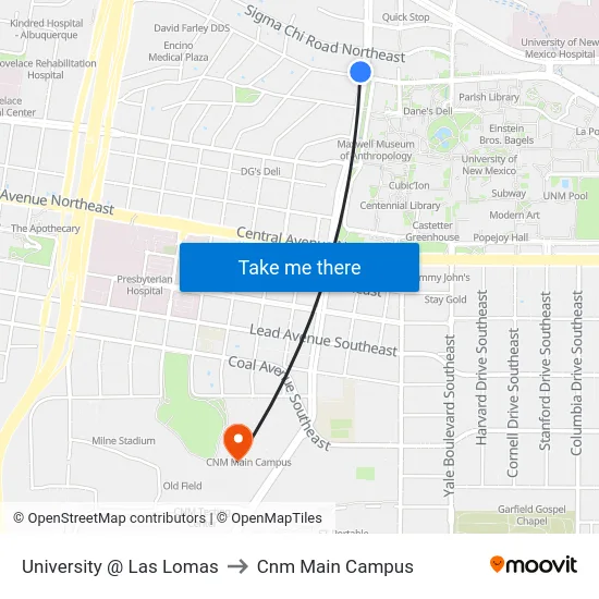 University @ Las Lomas to Cnm Main Campus map