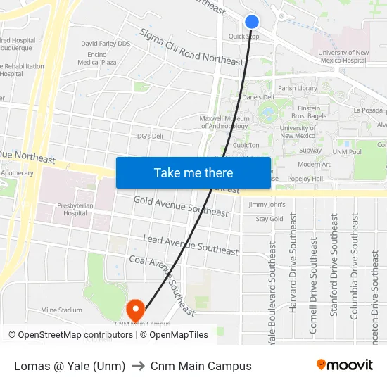 Lomas @ Yale (Unm) to Cnm Main Campus map