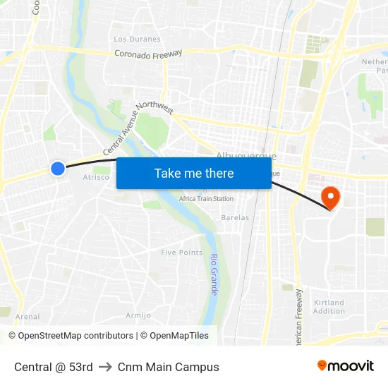 Central @ 53rd to Cnm Main Campus map