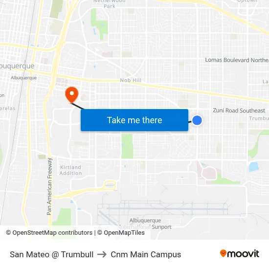 San Mateo @ Trumbull to Cnm Main Campus map