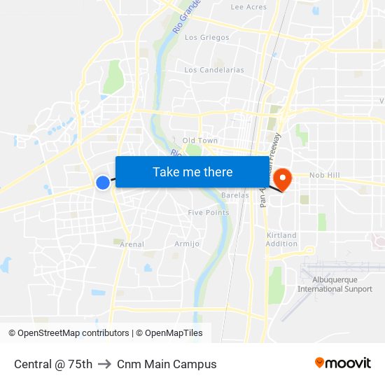 Central @ 75th to Cnm Main Campus map