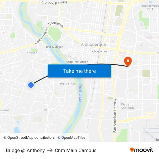 Bridge @ Anthony to Cnm Main Campus map