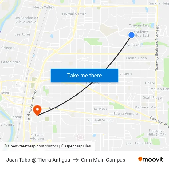 Juan Tabo @ Tierra Antigua to Cnm Main Campus map