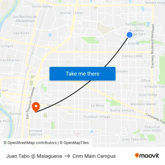 Juan Tabo @ Malaguena to Cnm Main Campus map
