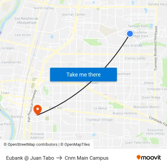 Eubank @ Juan Tabo to Cnm Main Campus map