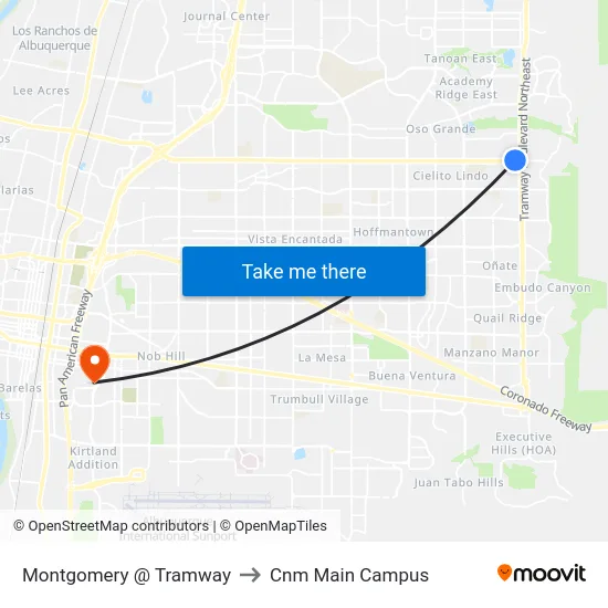 Montgomery @ Tramway to Cnm Main Campus map