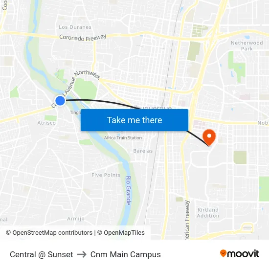 Central @ Sunset to Cnm Main Campus map