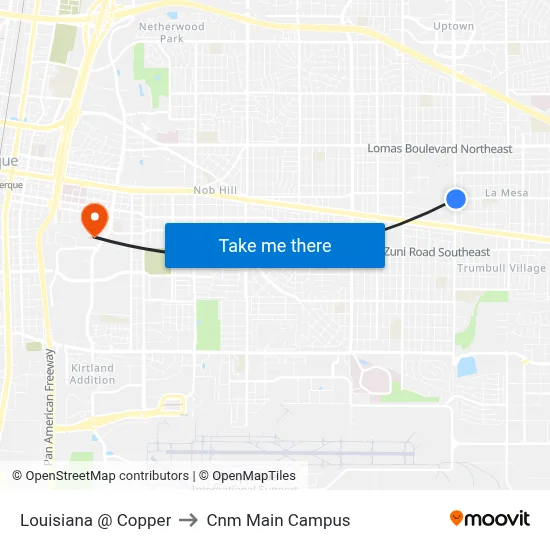 Louisiana @ Copper to Cnm Main Campus map