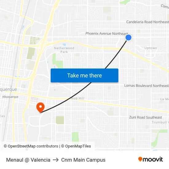 Menaul @ Valencia to Cnm Main Campus map