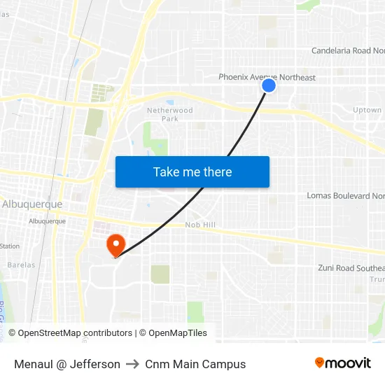 Menaul @ Jefferson to Cnm Main Campus map