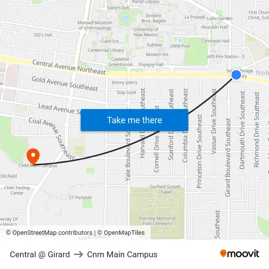 Central @ Girard to Cnm Main Campus map