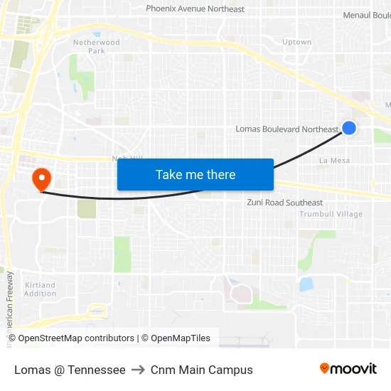 Lomas @ Tennessee to Cnm Main Campus map