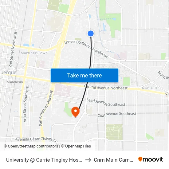 University @ Carrie Tingley Hospita to Cnm Main Campus map