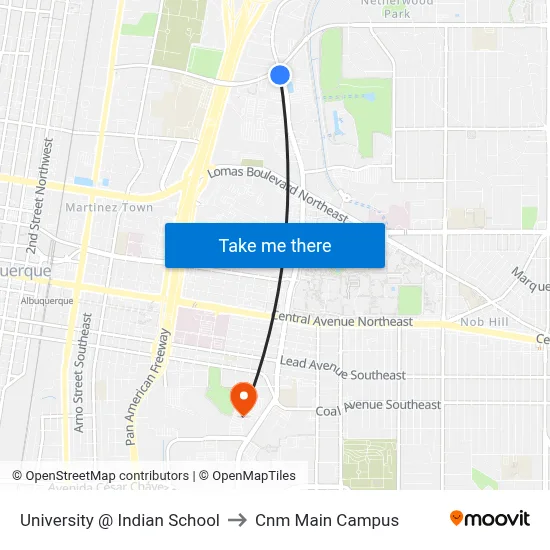 University @ Indian School to Cnm Main Campus map