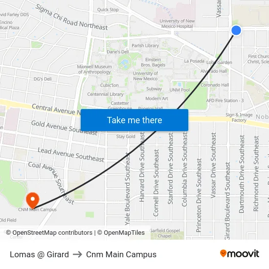 Lomas @ Girard to Cnm Main Campus map