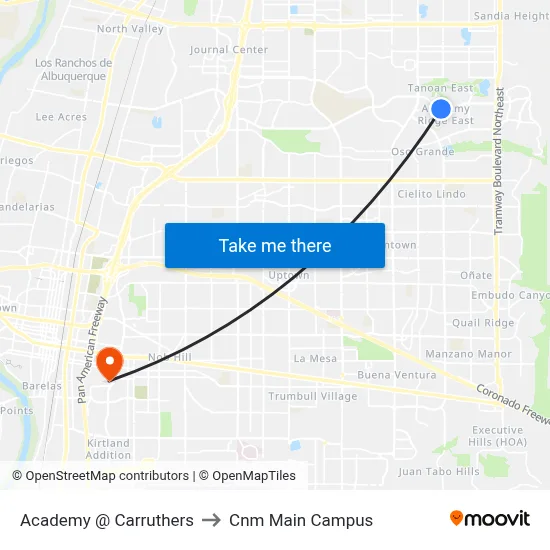 Academy @ Carruthers to Cnm Main Campus map