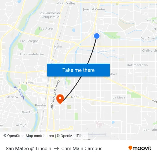 San Mateo @ Lincoln to Cnm Main Campus map