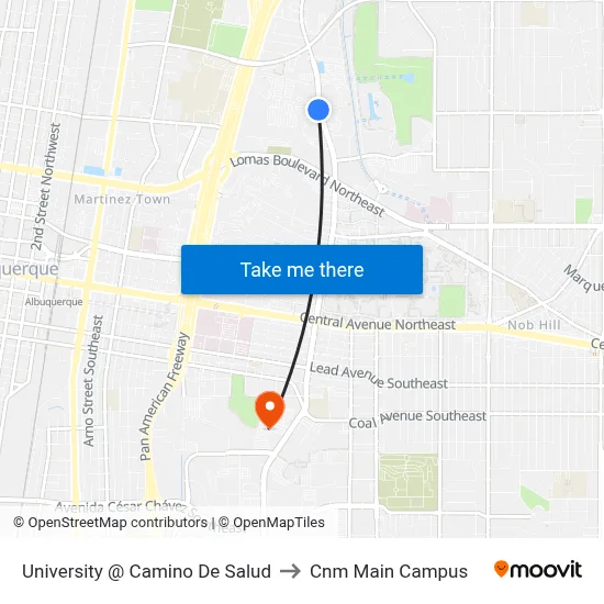 University @ Camino De Salud to Cnm Main Campus map