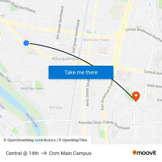 Central @ 14th to Cnm Main Campus map