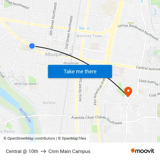 Central @ 10th to Cnm Main Campus map