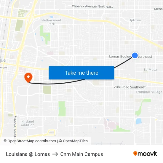 Louisiana @ Lomas to Cnm Main Campus map