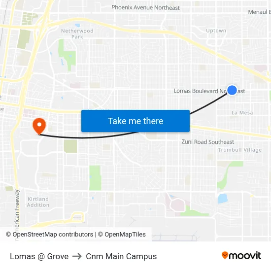 Lomas @ Grove to Cnm Main Campus map