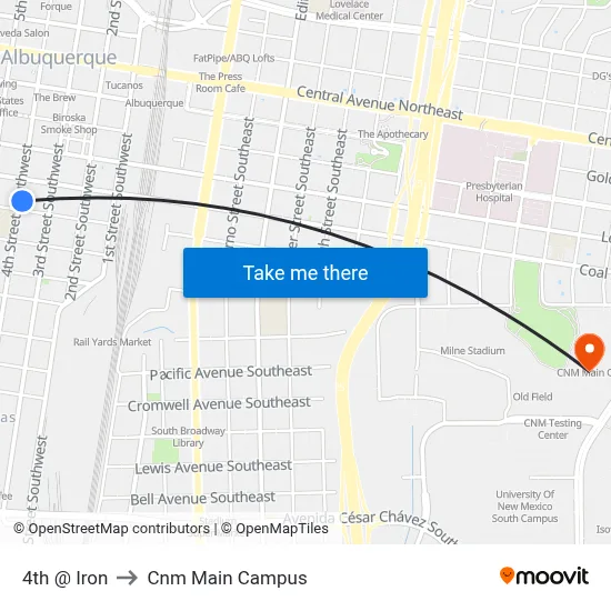 4th @ Iron to Cnm Main Campus map