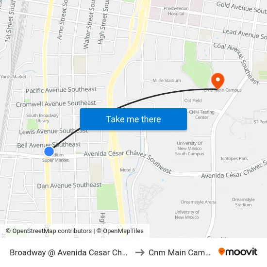 Broadway @ Avenida Cesar Chavez to Cnm Main Campus map