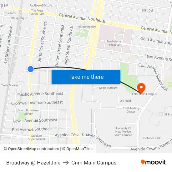 Broadway @ Hazeldine to Cnm Main Campus map