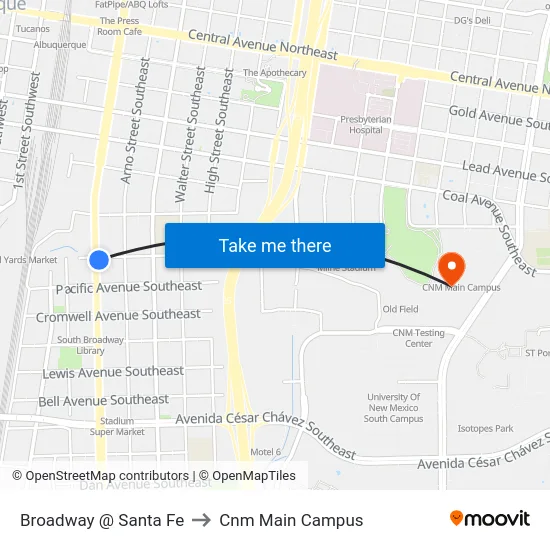 Broadway @ Santa Fe to Cnm Main Campus map