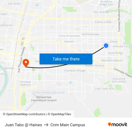 Juan Tabo @ Haines to Cnm Main Campus map