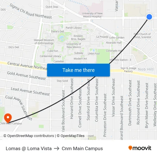 Lomas @ Loma Vista to Cnm Main Campus map
