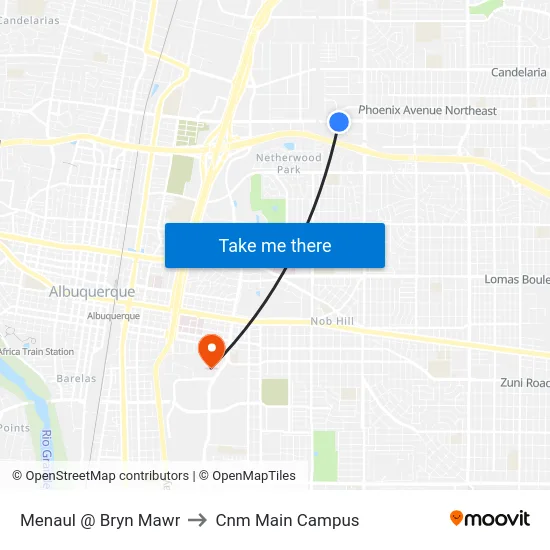 Menaul @ Bryn Mawr to Cnm Main Campus map