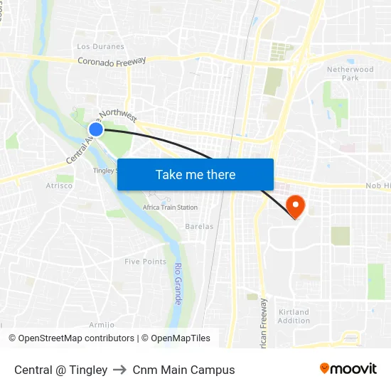 Central @ Tingley to Cnm Main Campus map