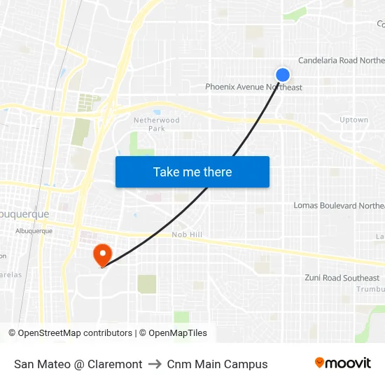 San Mateo @ Claremont to Cnm Main Campus map