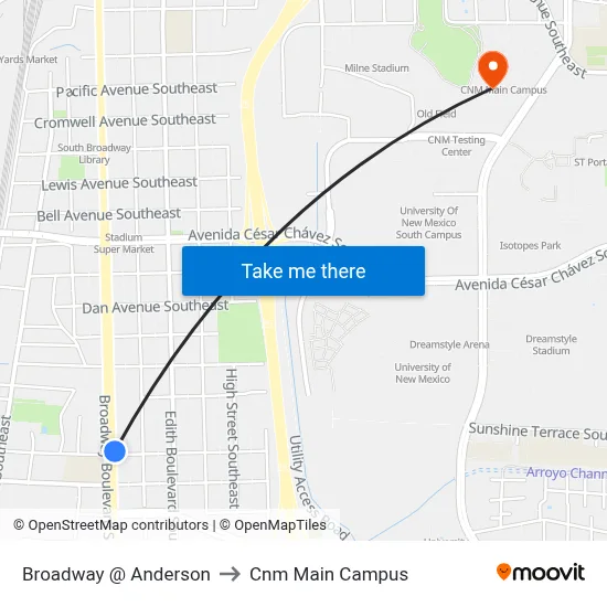 Broadway @ Anderson to Cnm Main Campus map
