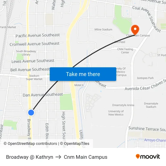 Broadway @ Kathryn to Cnm Main Campus map