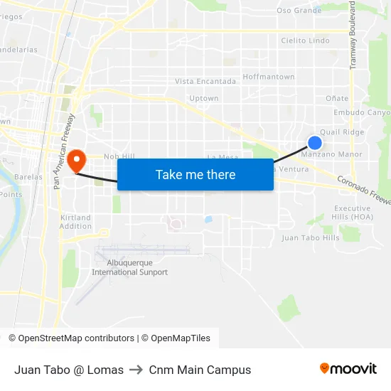 Juan Tabo @ Lomas to Cnm Main Campus map