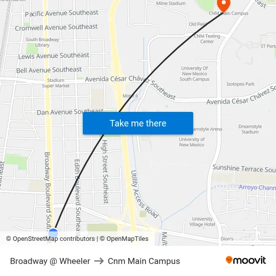 Broadway @ Wheeler to Cnm Main Campus map