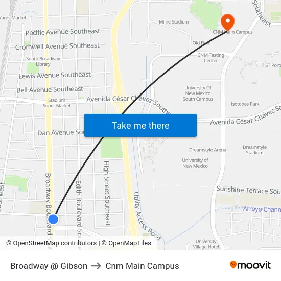 Broadway @ Gibson to Cnm Main Campus map