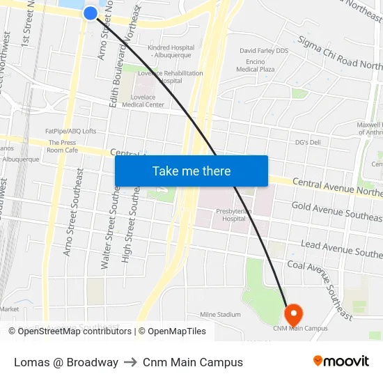 Lomas @ Broadway to Cnm Main Campus map