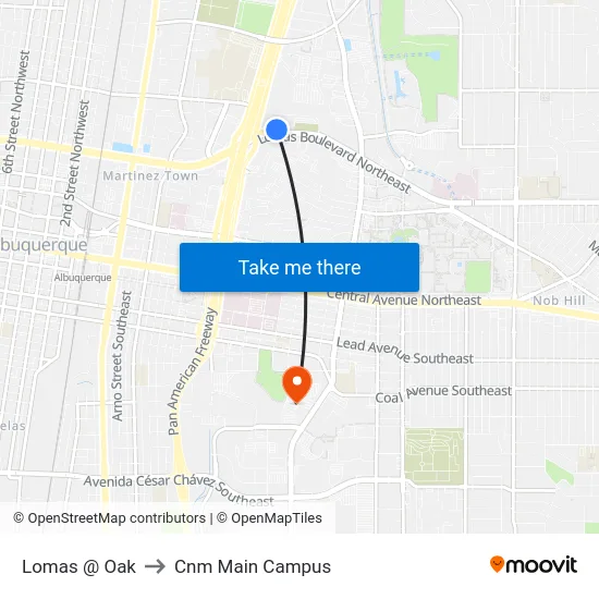 Lomas @ Oak to Cnm Main Campus map