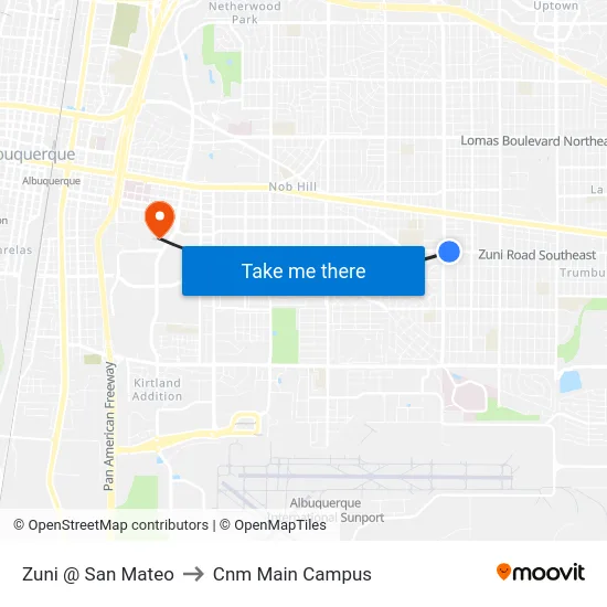 Zuni @ San Mateo to Cnm Main Campus map