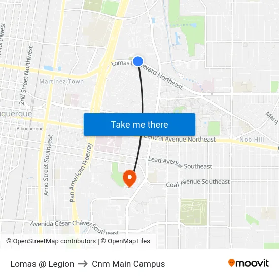 Lomas @ Legion to Cnm Main Campus map