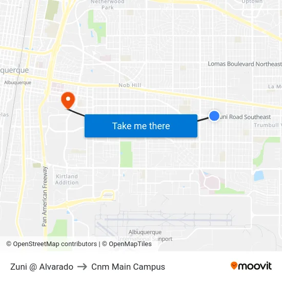 Zuni @ Alvarado to Cnm Main Campus map