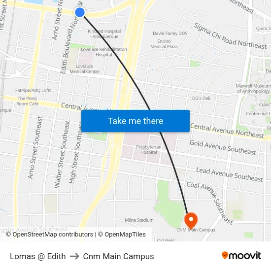 Lomas @ Edith to Cnm Main Campus map
