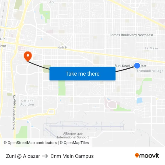 Zuni @ Alcazar to Cnm Main Campus map