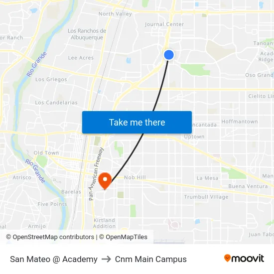 San Mateo @ Academy to Cnm Main Campus map